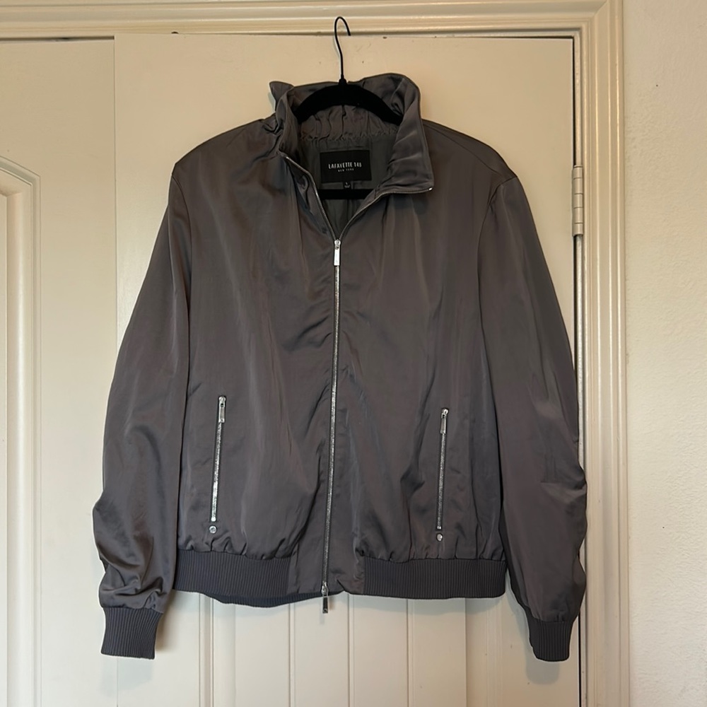Lafayette 148 silver/grey dual zip bomber jacket with mock-ruffle collar